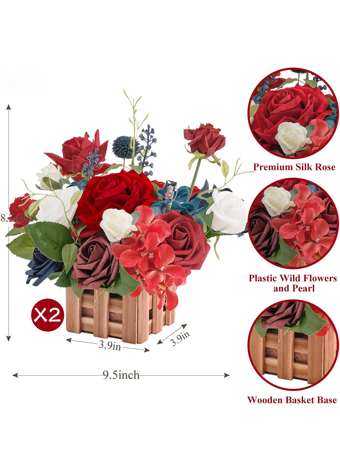 Red Navy Blue Large Artificial Flowers Wedding Centerpiece Set 2