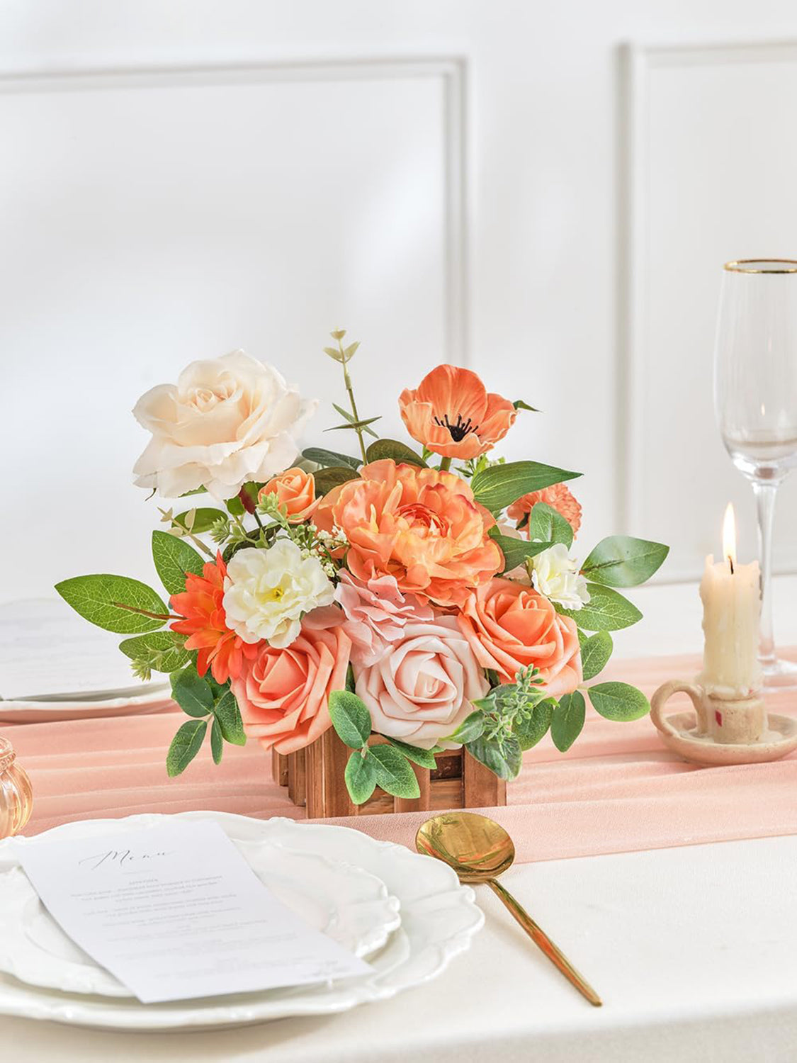Coral Pink And Champagne Artificial Flowers Wedding Centerpiece Set 2