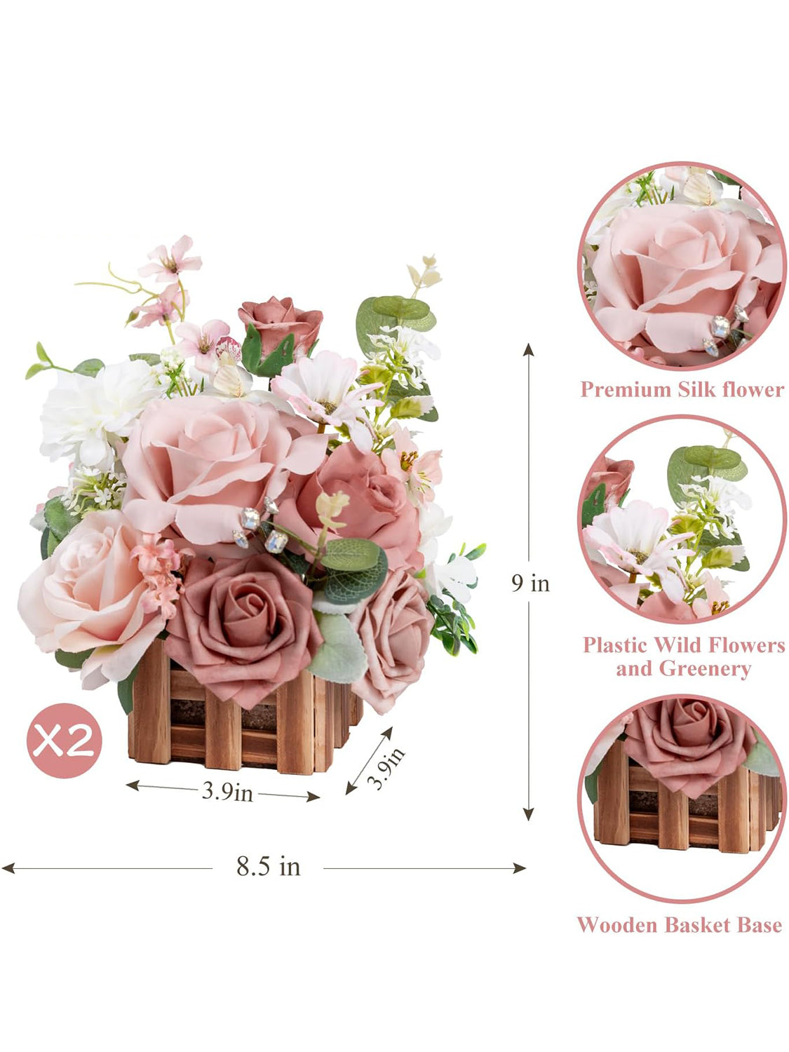 Dusty Rose And Cream Wedding Centerpiece Flower Basket Set Of 2