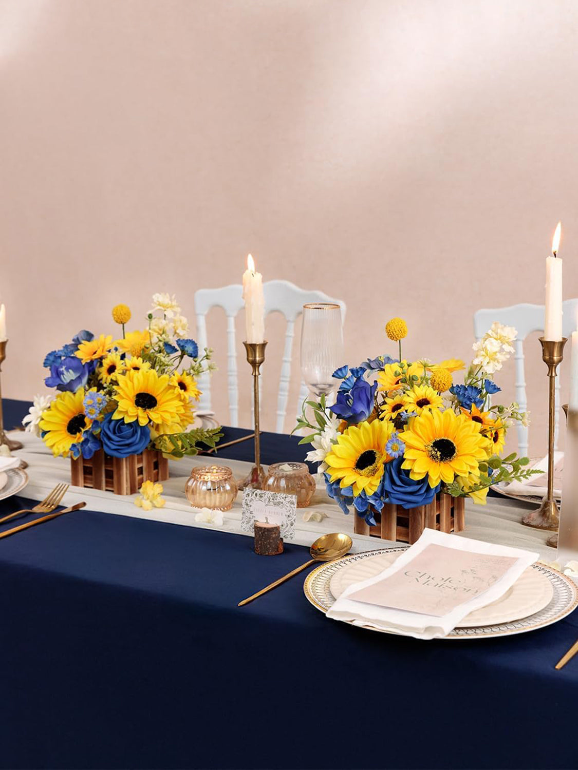 Sunflower And Royal Blue Large Artificial Flowers Wedding Centerpiece Set Of 2