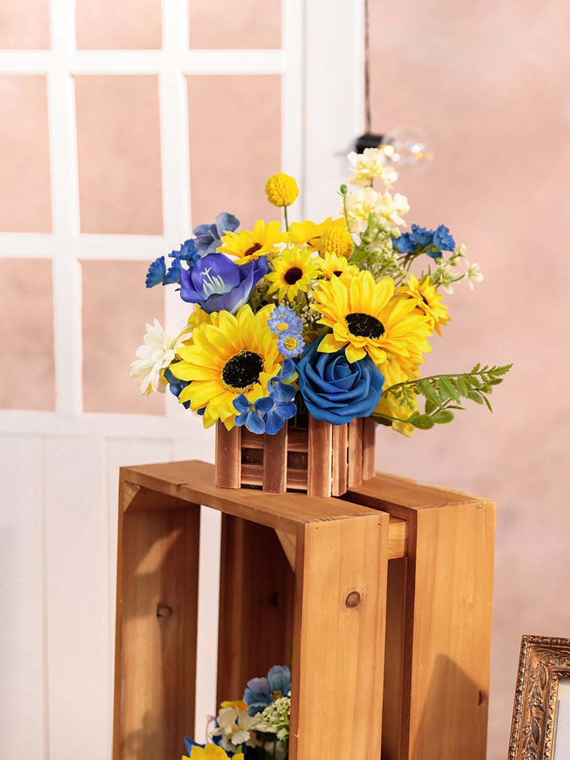 Sunflower And Royal Blue Large Artificial Flowers Wedding Centerpiece Set Of 2