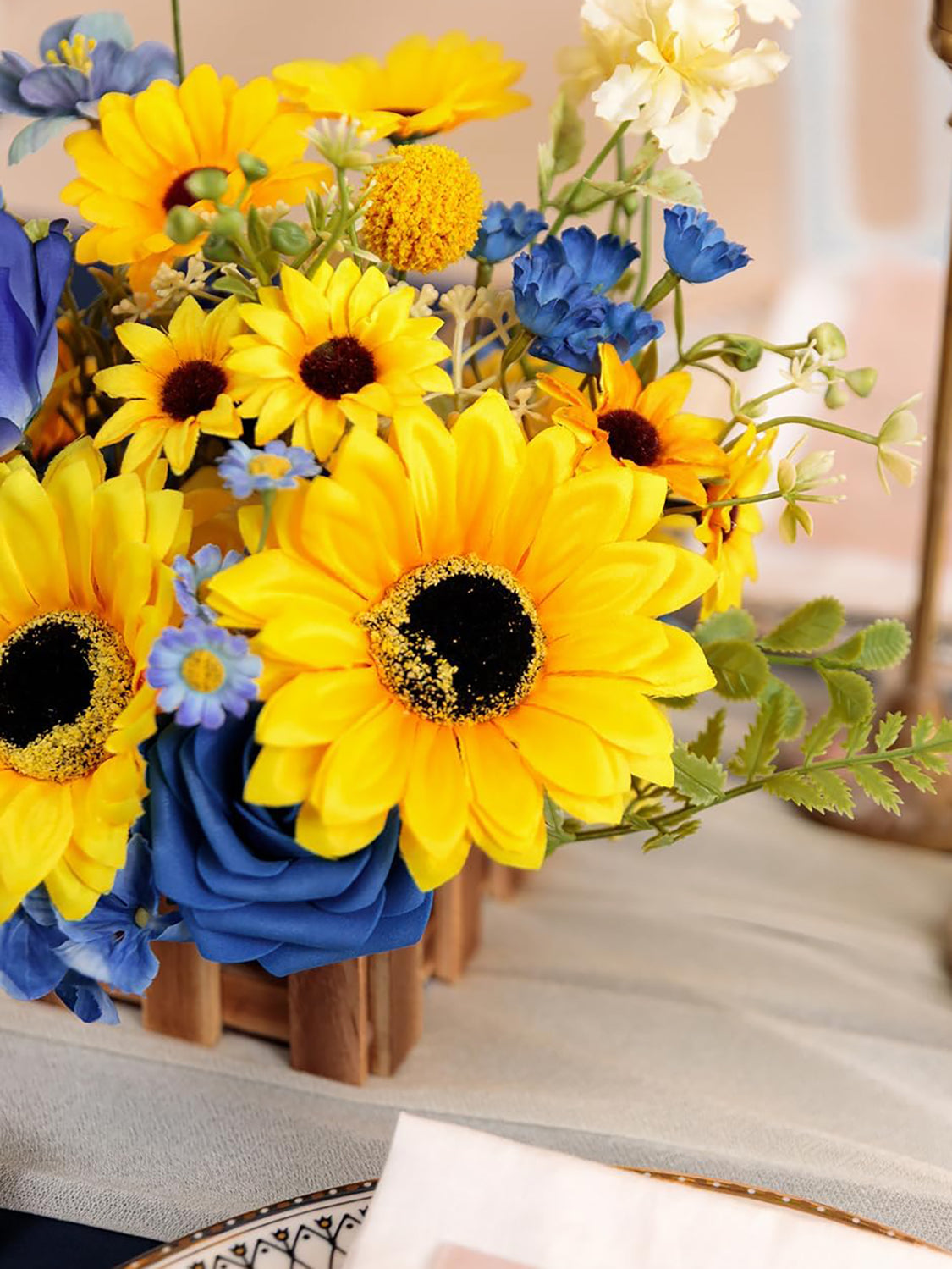Sunflower And Royal Blue Large Artificial Flowers Wedding Centerpiece Set Of 2