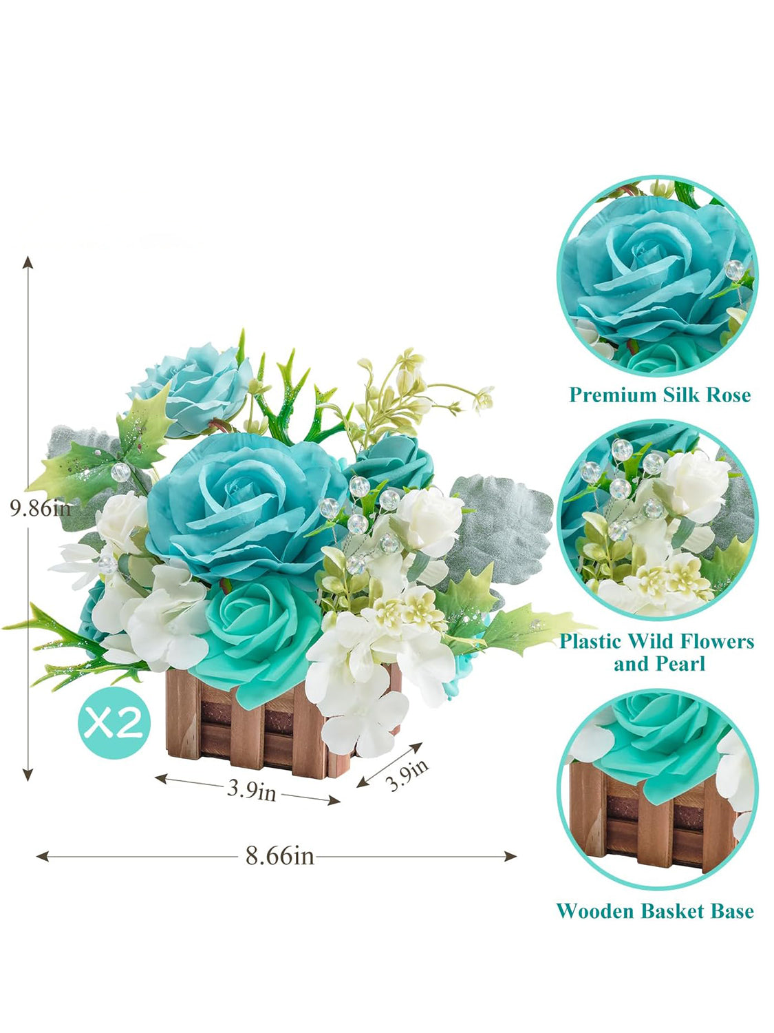 Teal Blue Wedding Centerpiece Flower Basket Set Of 2 For Tabletop Decor