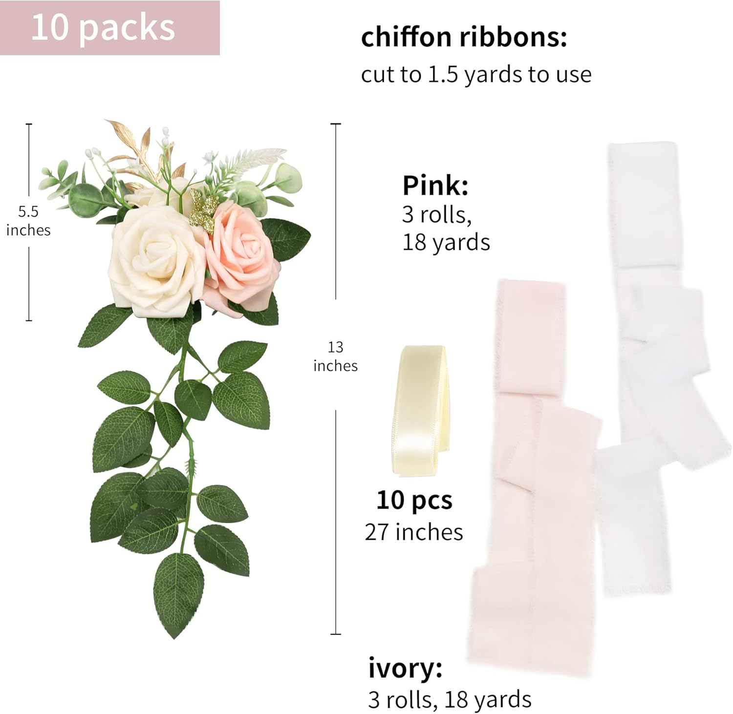 Pink Cream Artificial Roses Chair Flowers Wedding Aisle Decor 5.5 Inch Set of 10