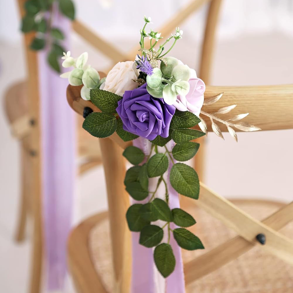 Pew Flowers Purple Artificial Flowers Eucalyptus and Ribbons Aisle Decor 5.5 Inch 10 Pack