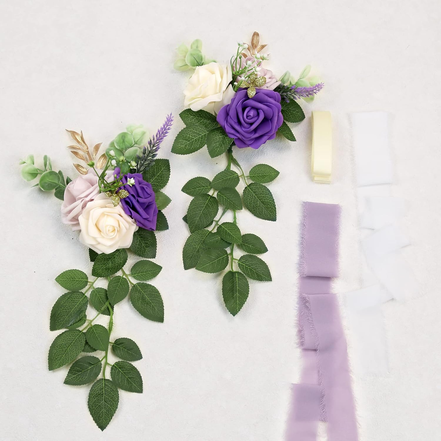 Pew Flowers Purple Artificial Flowers Eucalyptus and Ribbons Aisle Decor 5.5 Inch 10 Pack