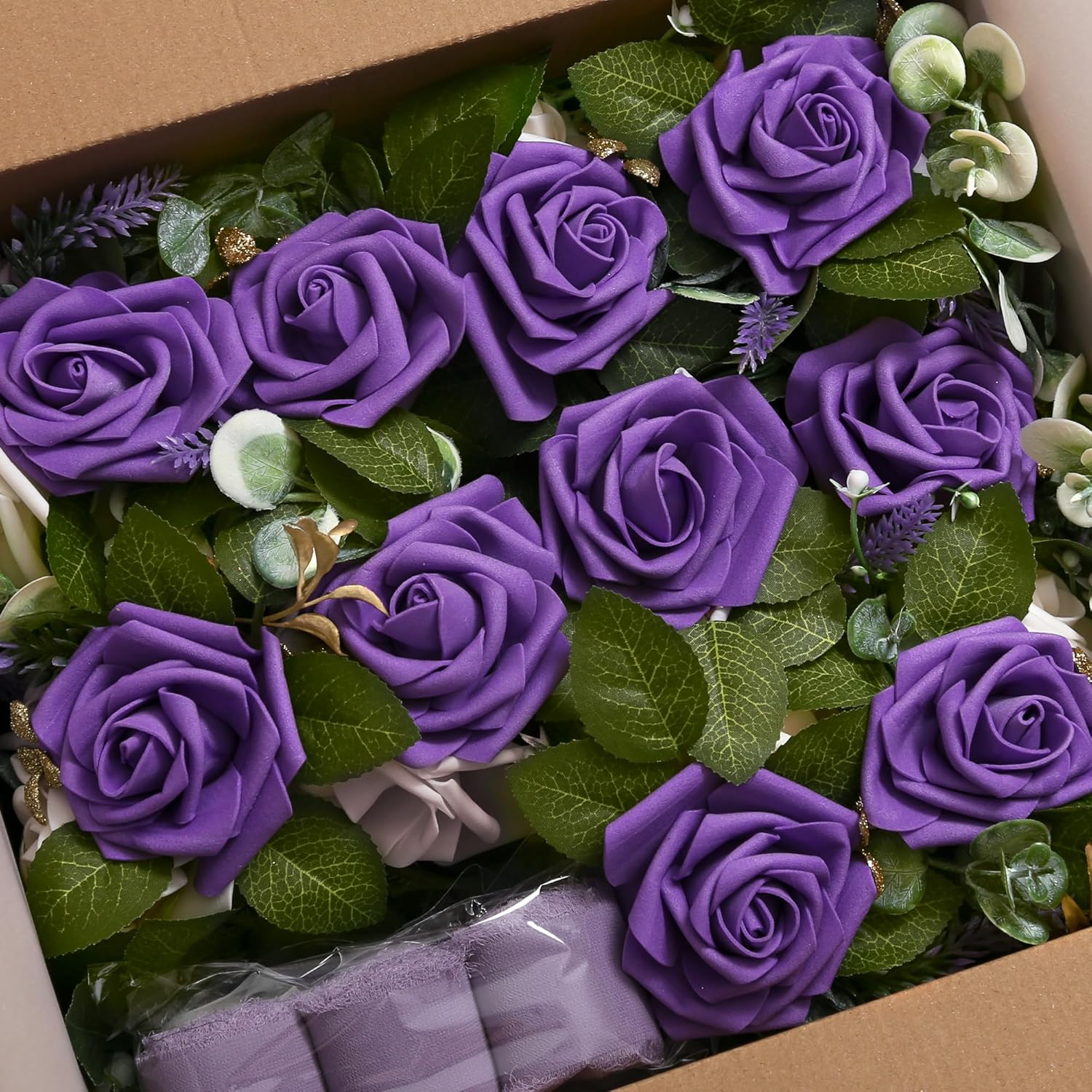 Pew Flowers Purple Artificial Flowers Eucalyptus and Ribbons Aisle Decor 5.5 Inch 10 Pack
