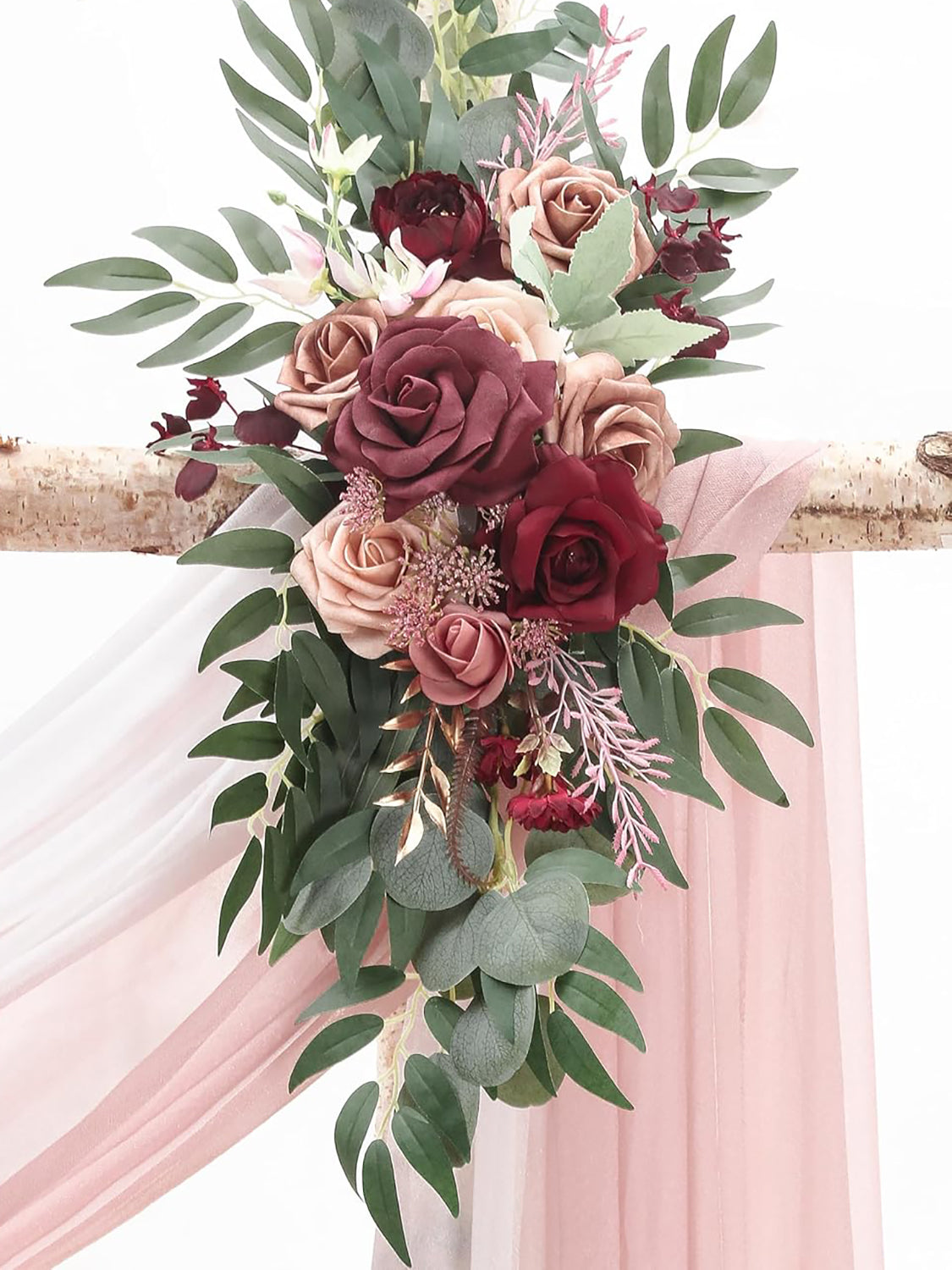 Artificial Floral Arch Kit Marsala and Champagne With Drapes Pack of 4 for Wedding Backdrop