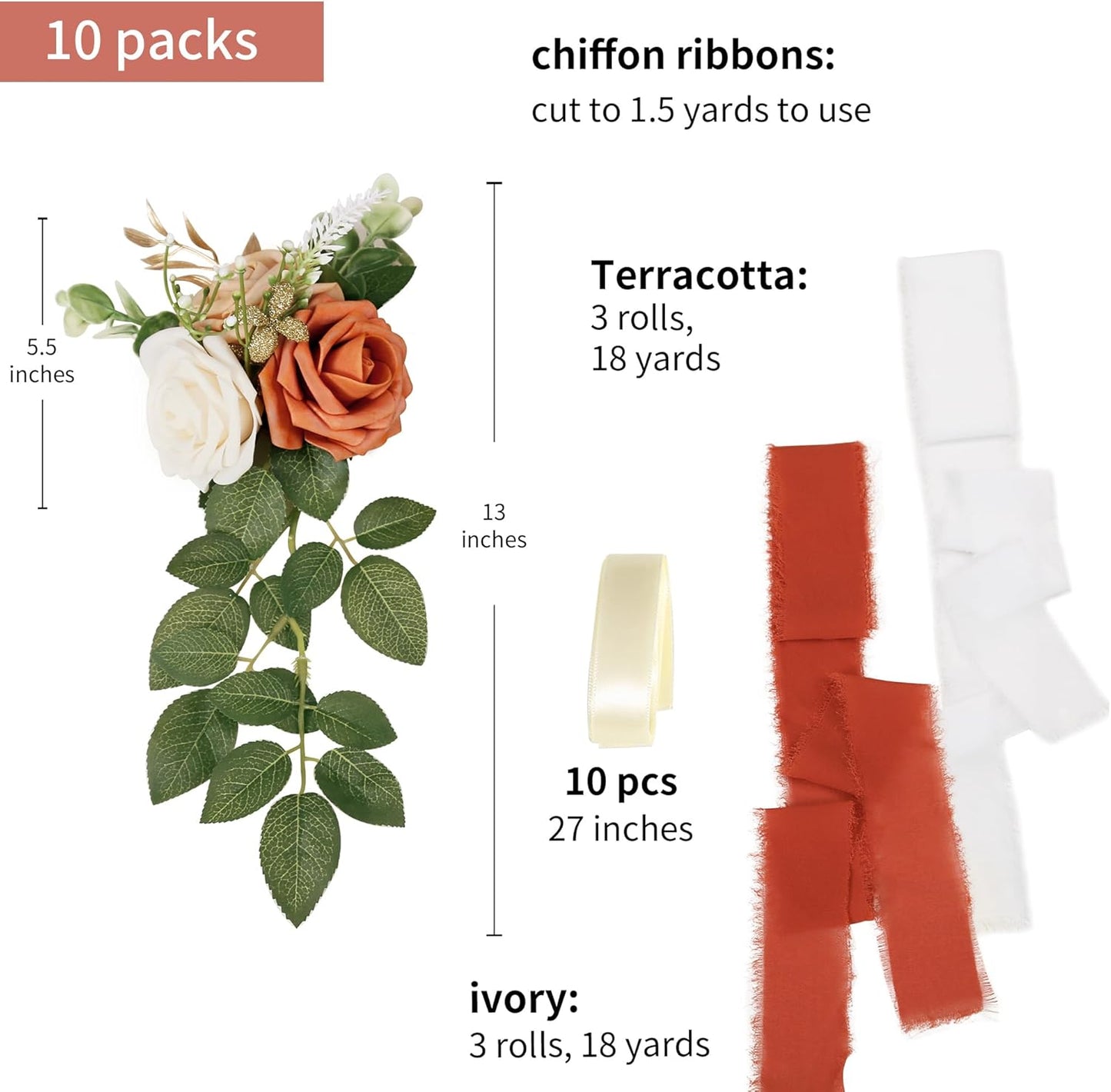 Orange Pew Flowers 5.5 Inch Set of 10 Wedding Aisle Decorations