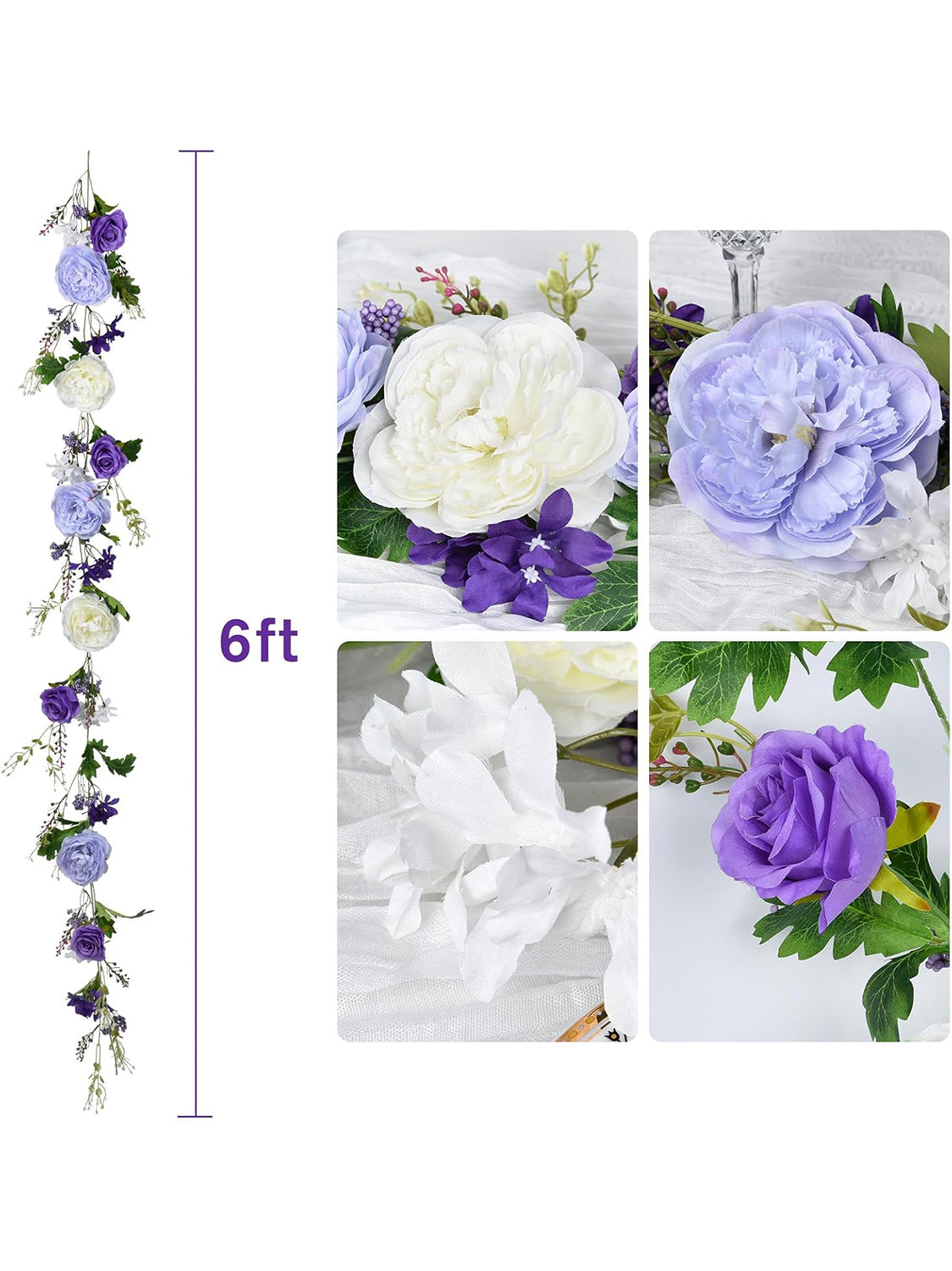 Silk Peony Garland 2 Pack Wedding Arch Decor 6 Ft Each White Purple Dark Purple