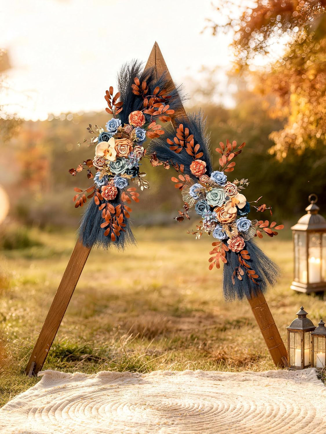 Blue Coffee Pampas Wedding Arch Artificial Flowers Set of 2 for Decor