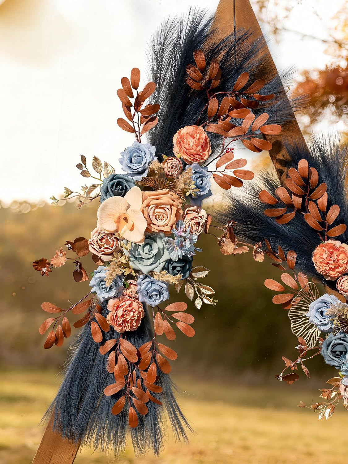 Blue Coffee Pampas Wedding Arch Artificial Flowers Set of 2 for Decor