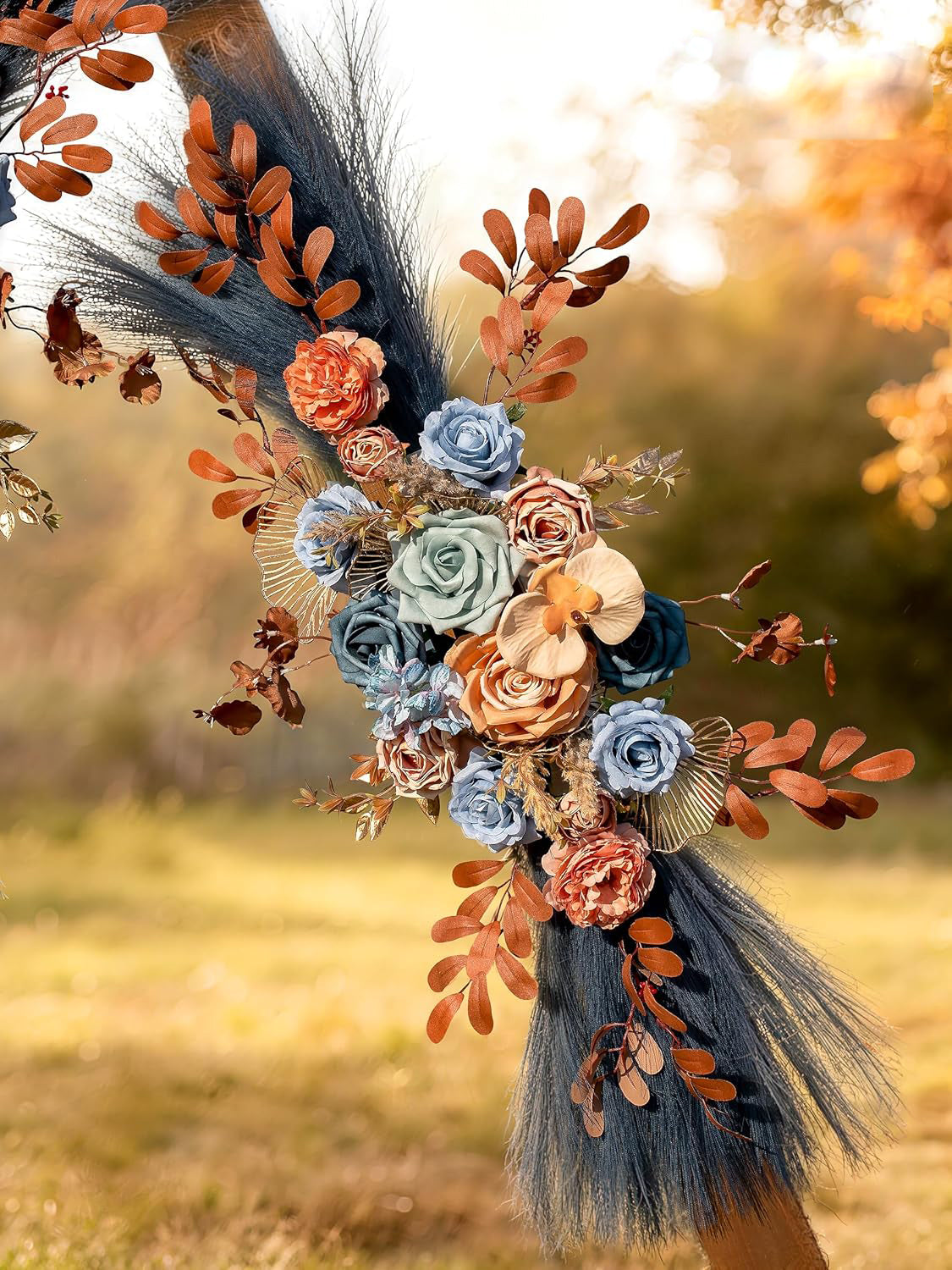 Blue Coffee Pampas Wedding Arch Artificial Flowers Set of 2 for Decor