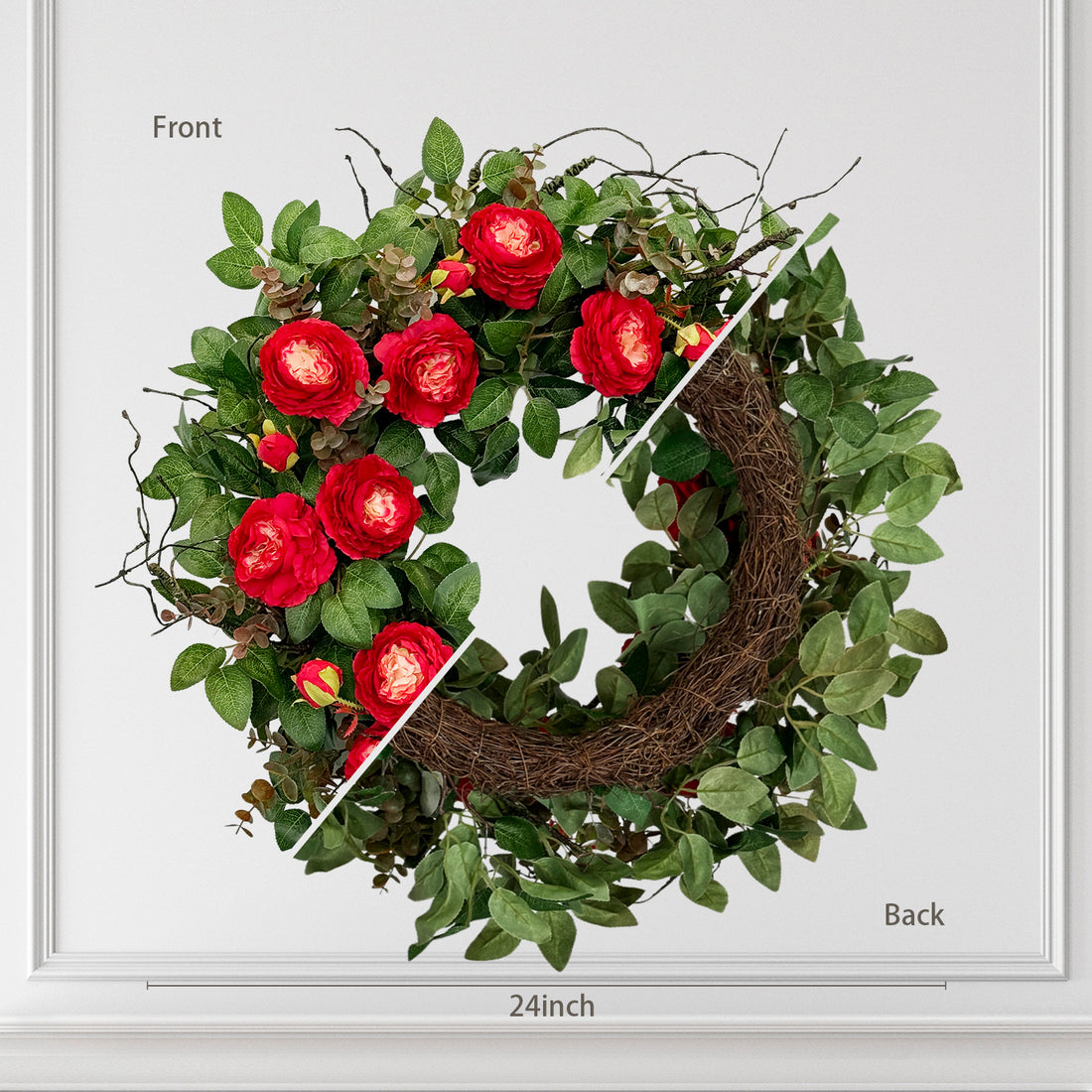 24 Inch Blossom Cabbage Rose Wreath Flame Red & Burgundy Flower Ivy Everyday Summer Wreath for Valentine's day, Thanksgiving Day, Christmas