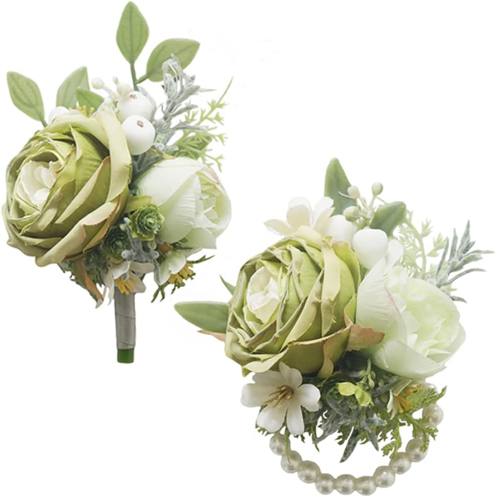 Green Corsage And Boutonniere Set For Weddings 2 Pieces