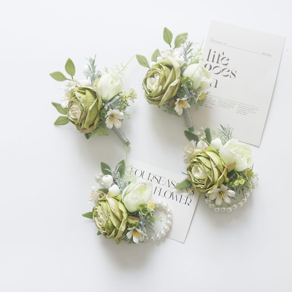 Green Corsage And Boutonniere Set For Weddings 2 Pieces
