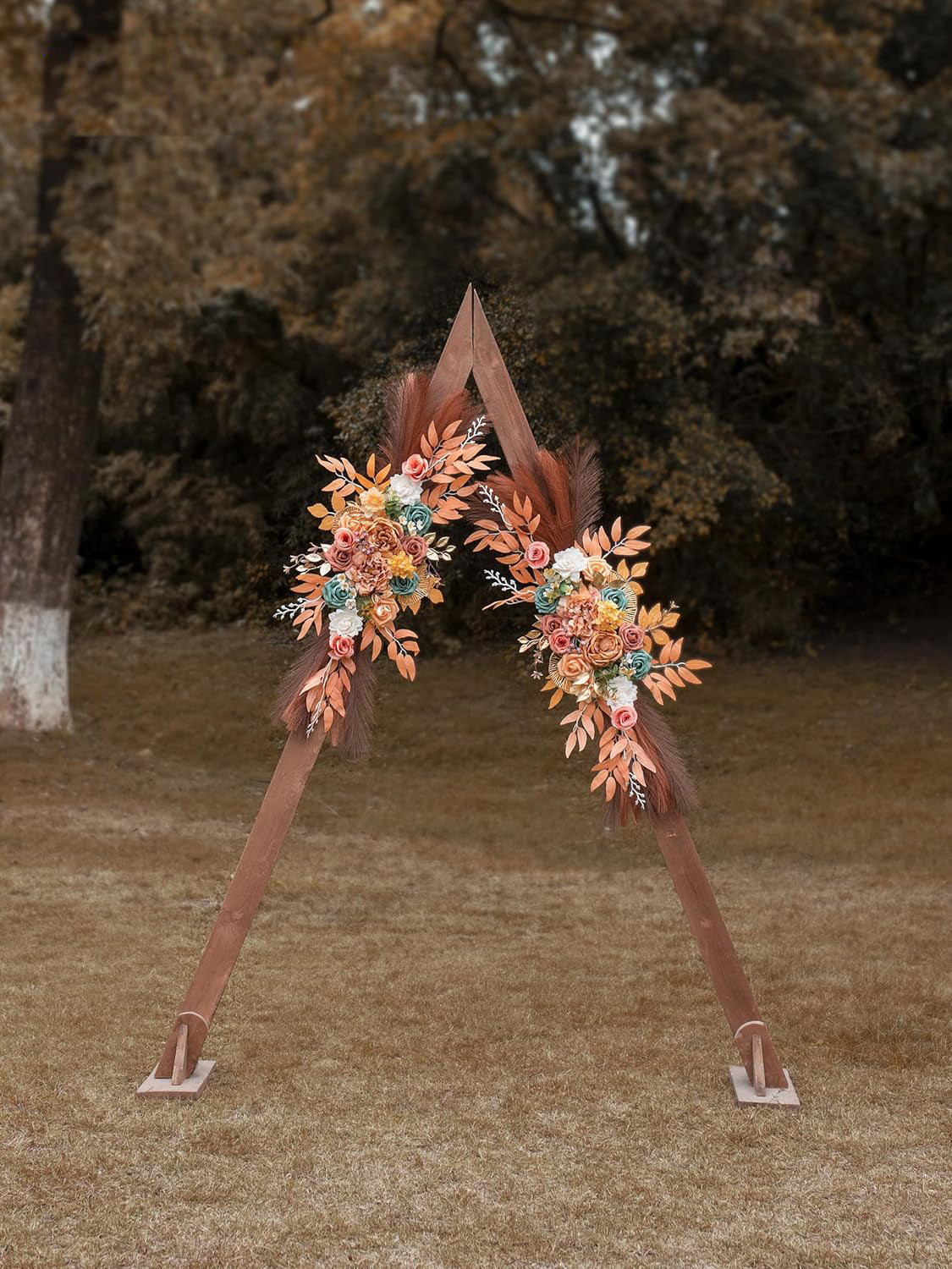 Orange&pampas Dark Coffee Wedding Arch Artificial Flowers For Ceremony