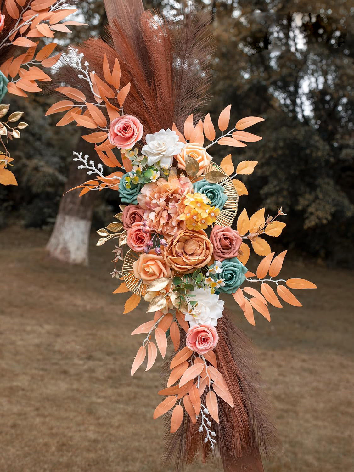 Orange&pampas Dark Coffee Wedding Arch Artificial Flowers For Ceremony