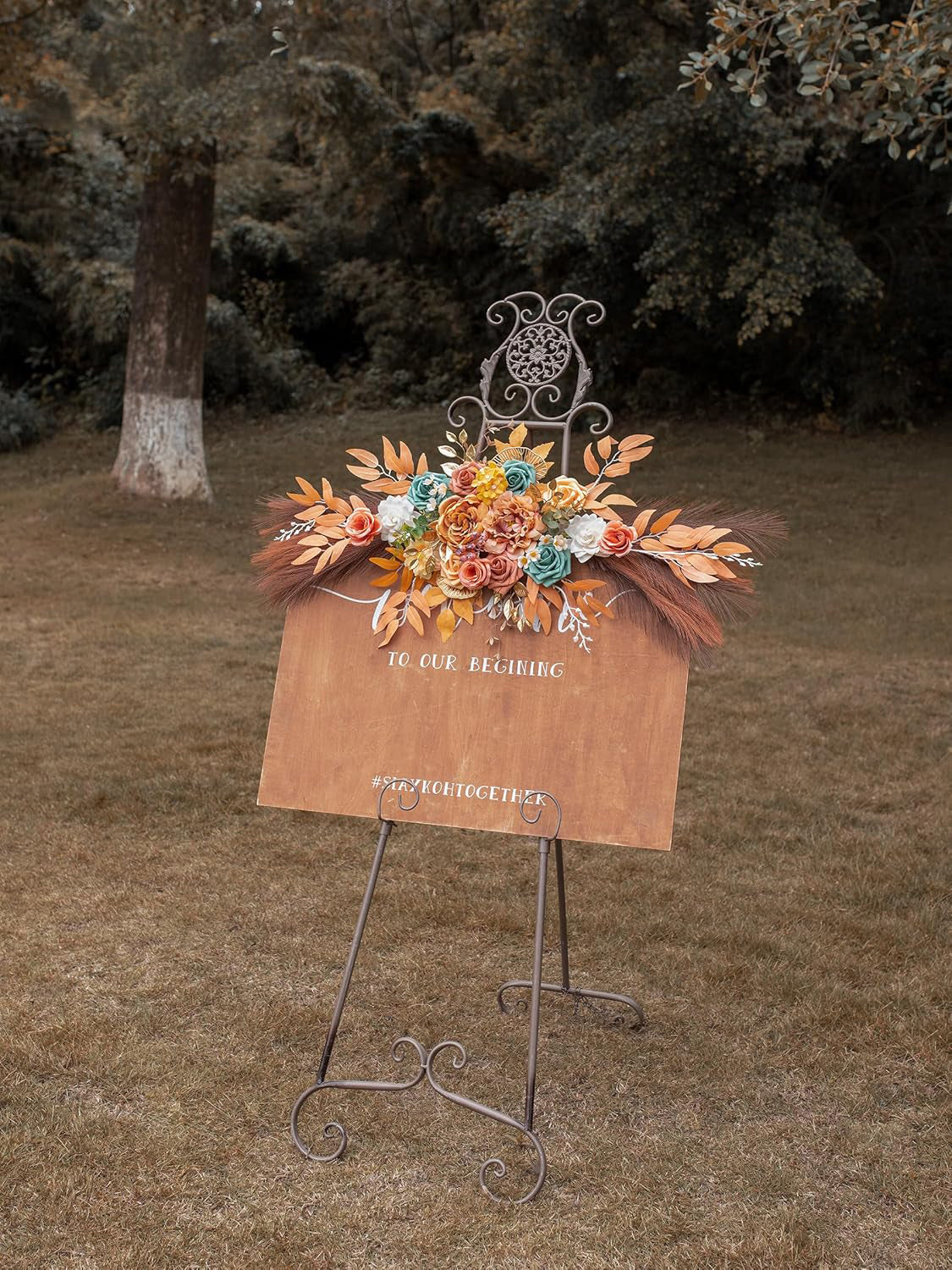 Orange&pampas Dark Coffee Wedding Arch Artificial Flowers For Ceremony