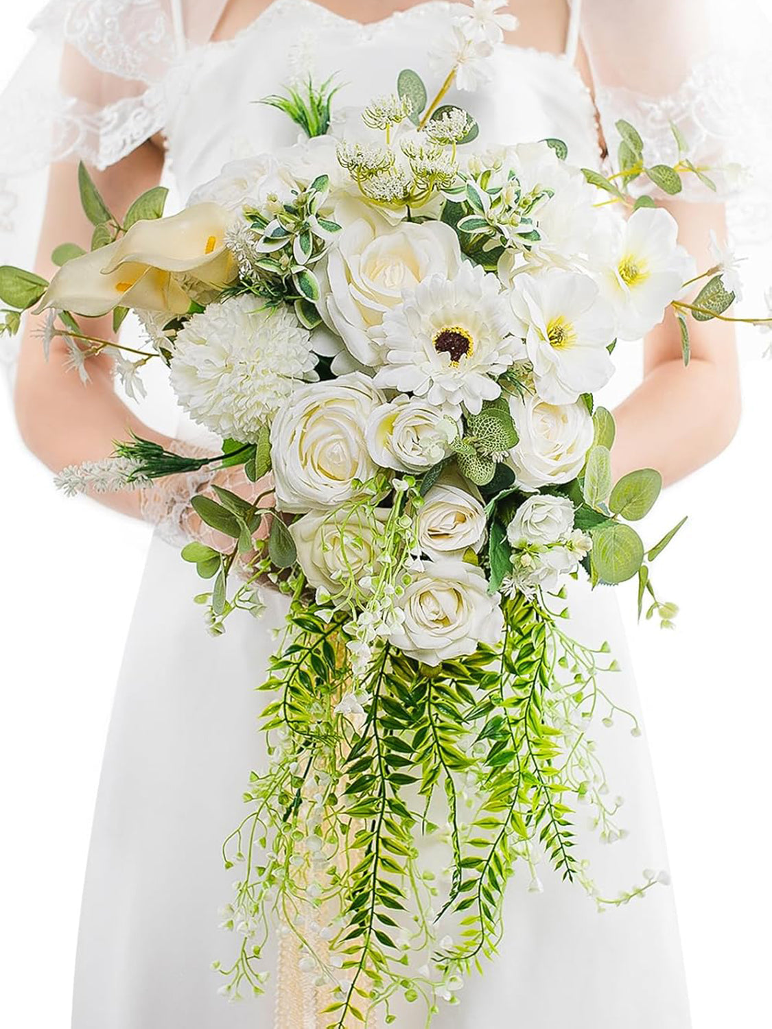 Pure White Silk Wedding Bouquet 16 Inch Bridal Round Ceremony