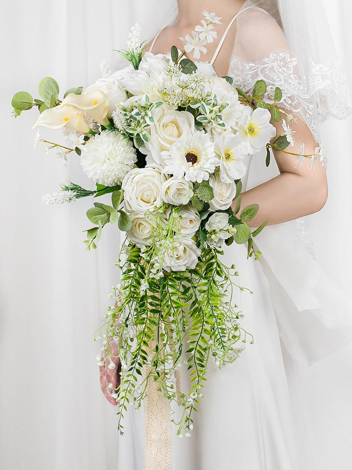 Pure White Silk Wedding Bouquet 16 Inch Bridal Round Ceremony