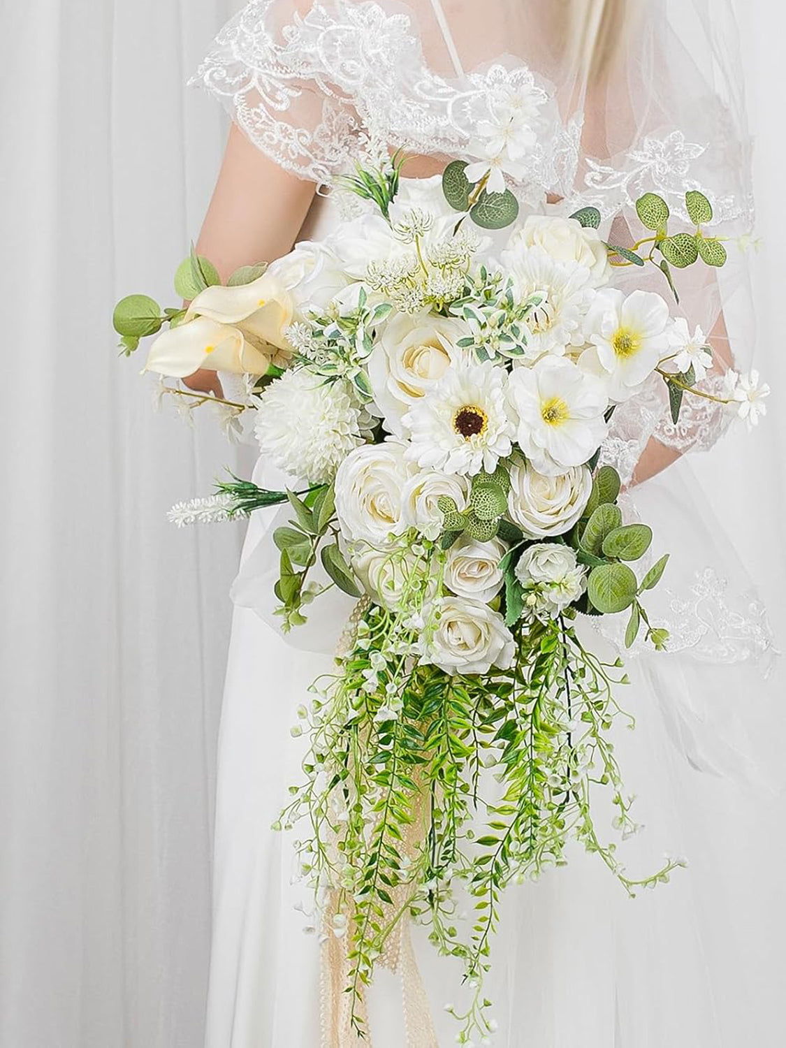 Pure White Silk Wedding Bouquet 16 Inch Bridal Round Ceremony