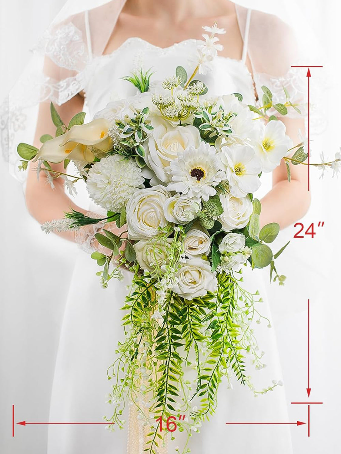 Pure White Silk Wedding Bouquet 16 Inch Bridal Round Ceremony