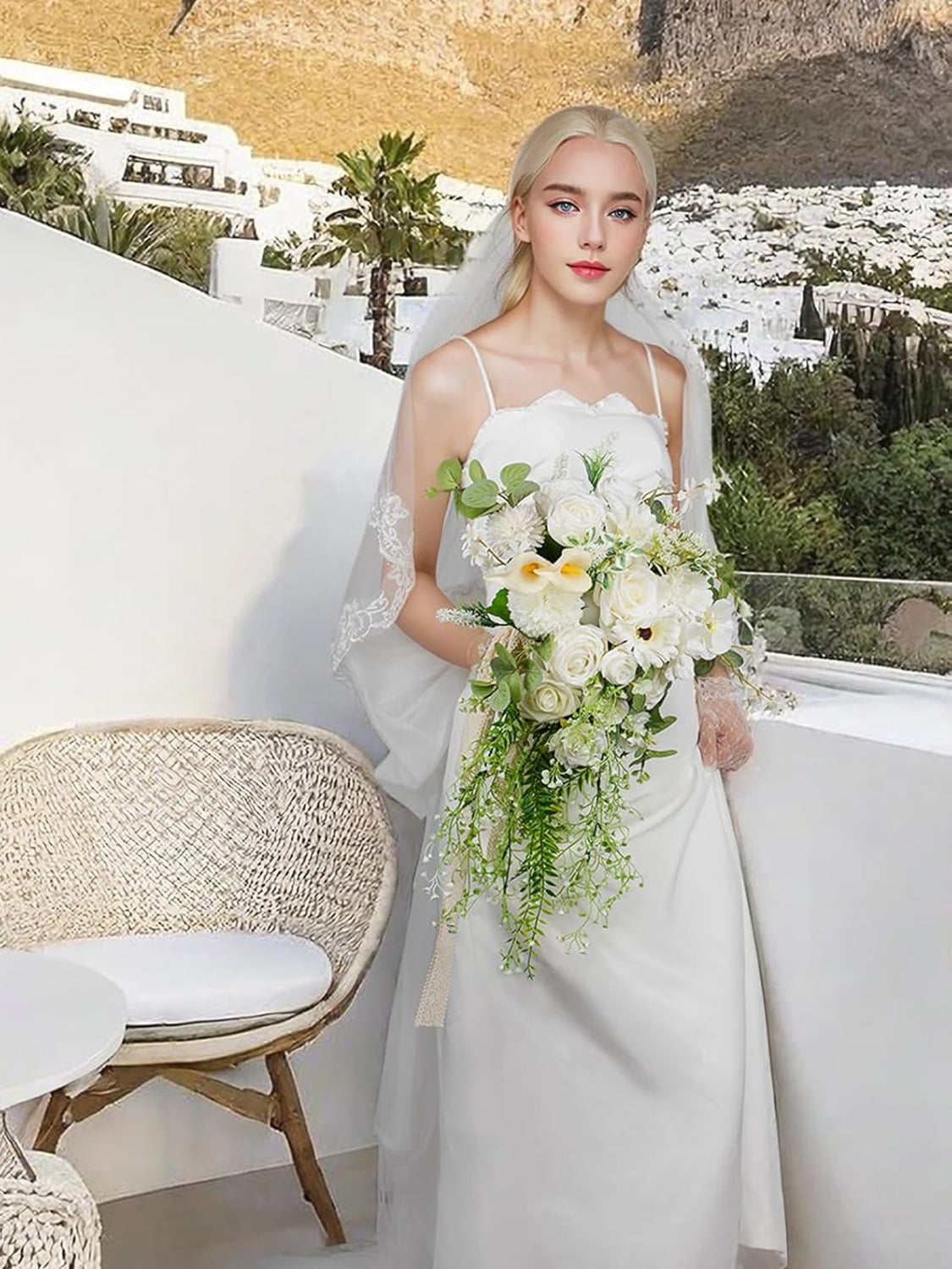 Pure White Silk Wedding Bouquet 16 Inch Bridal Round Ceremony