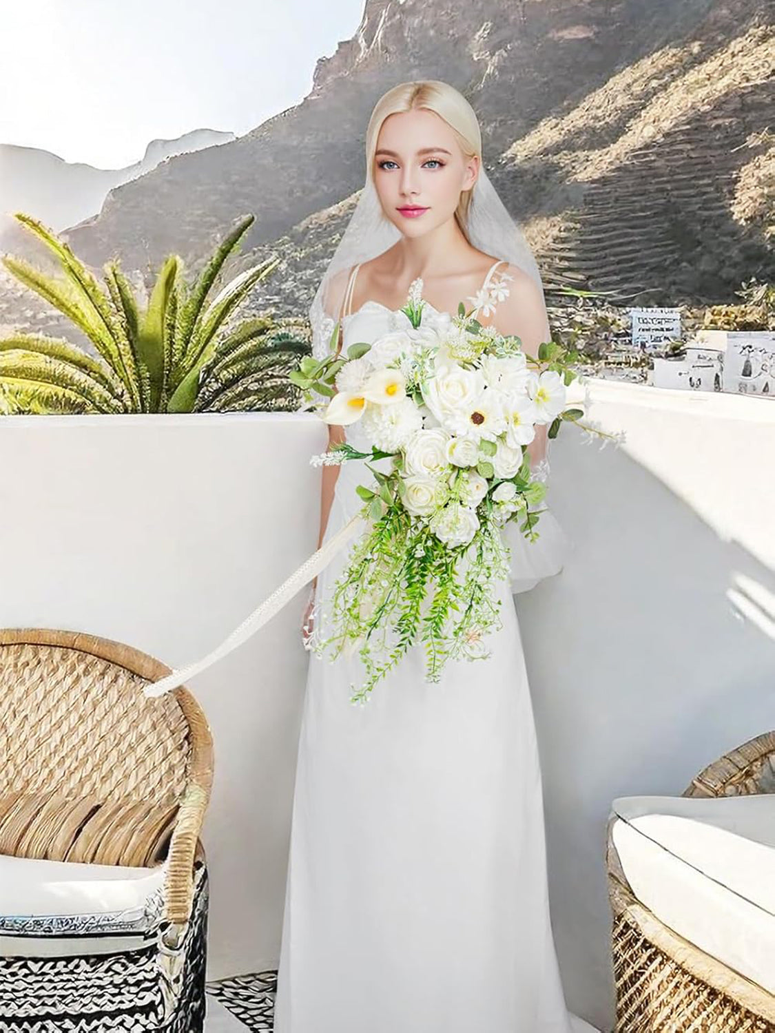 Pure White Silk Wedding Bouquet 16 Inch Bridal Round Ceremony