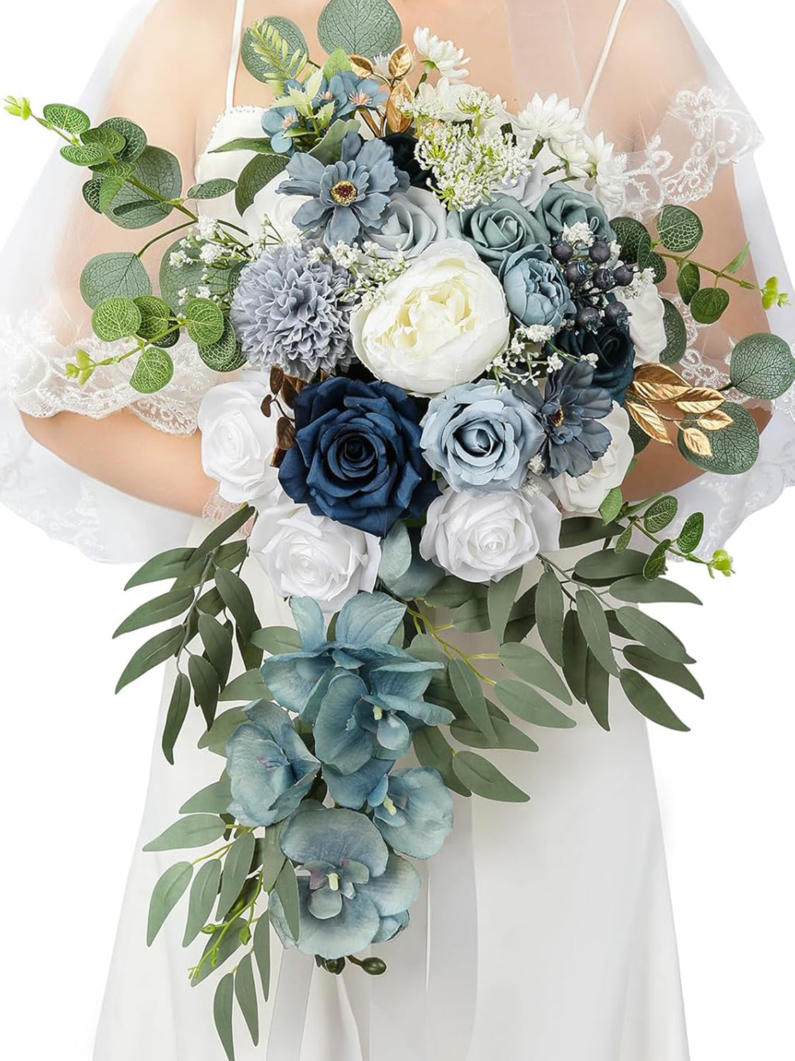 Dusty Blue Silk Round Bridal Bouquet 16 Inch Wedding Ceremony