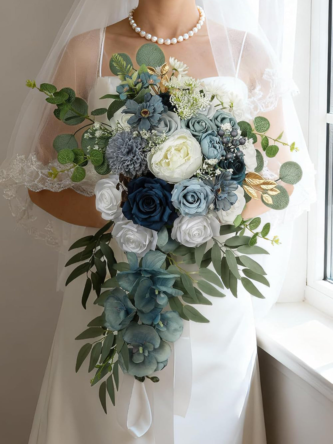 Dusty Blue Silk Round Bridal Bouquet 16 Inch Wedding Ceremony
