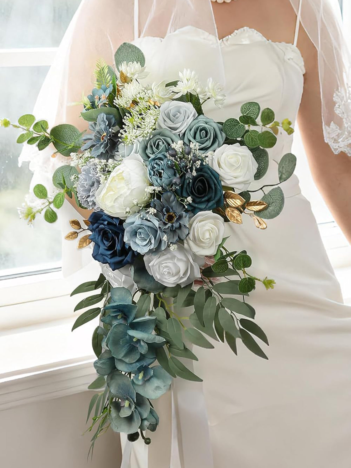 Dusty Blue Silk Round Bridal Bouquet 16 Inch Wedding Ceremony