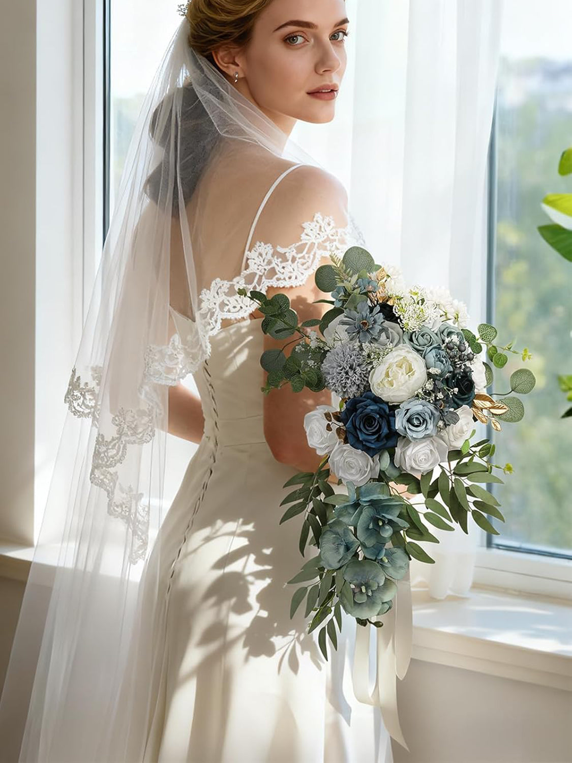 Dusty Blue Silk Round Bridal Bouquet 16 Inch Wedding Ceremony
