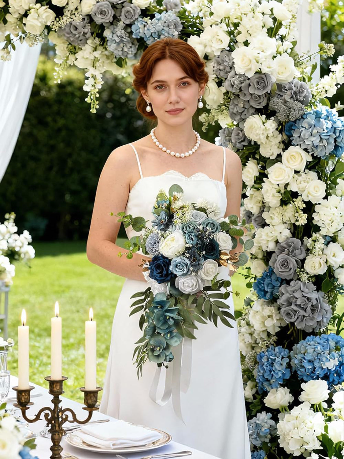 Dusty Blue Silk Round Bridal Bouquet 16 Inch Wedding Ceremony