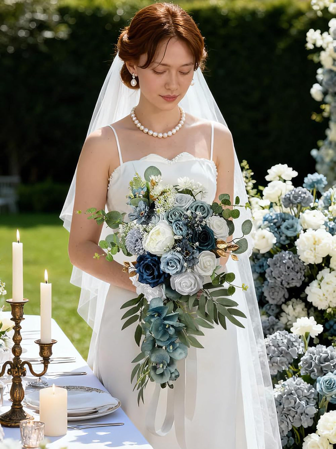 Dusty Blue Silk Round Bridal Bouquet 16 Inch Wedding Ceremony