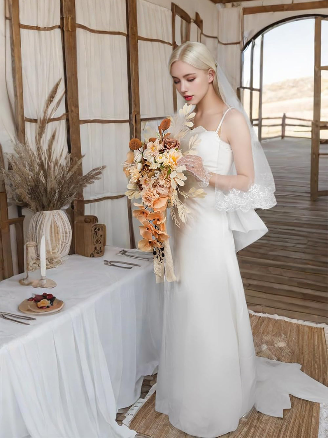 Silk Champagne Bridal Bouquet 16 Inch Silk Round For Wedding Ceremony