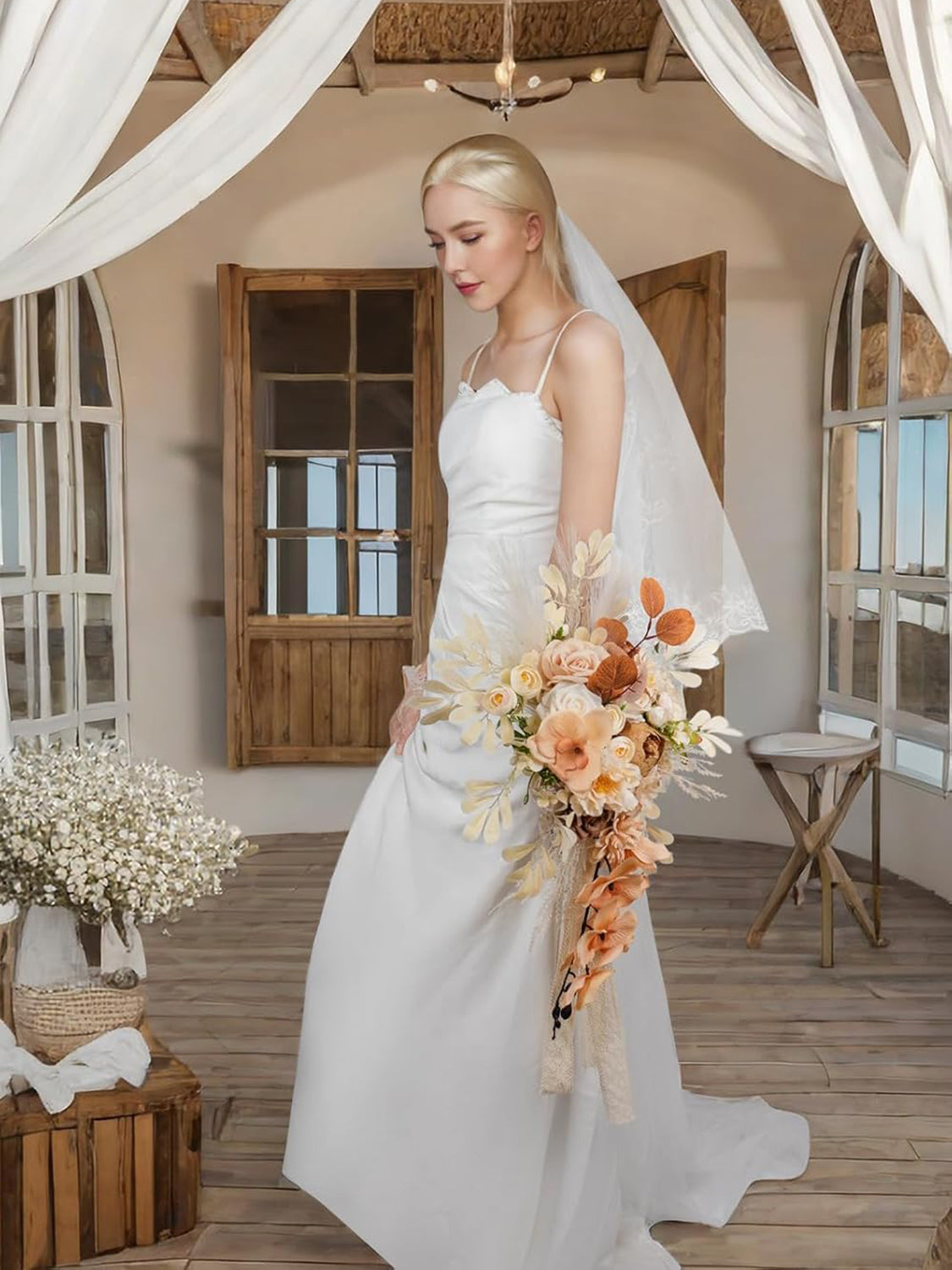 Silk Champagne Bridal Bouquet 16 Inch Silk Round For Wedding Ceremony