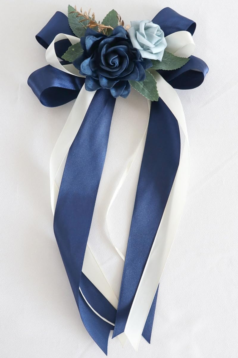 Blue Decorative Flowers For Wedding Car Mirror 2 Pack 14 Inch Bow Bouquet