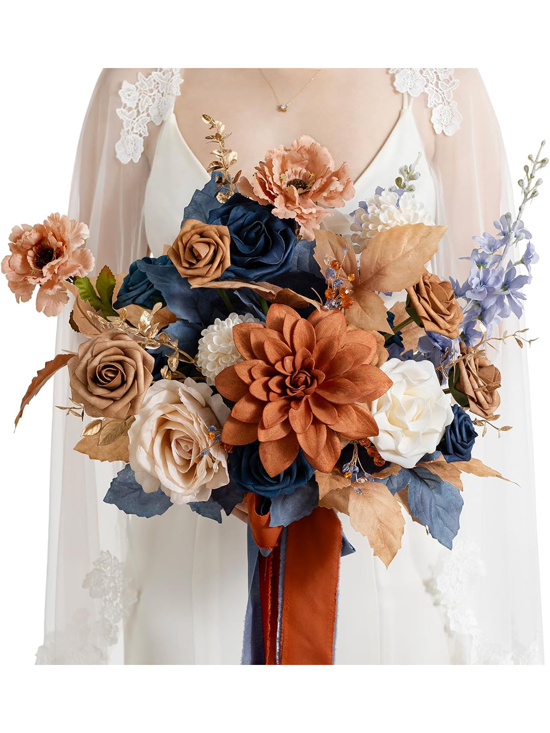 Burnt Orange & Navy Wedding Artificial Flower Bouquets Bride