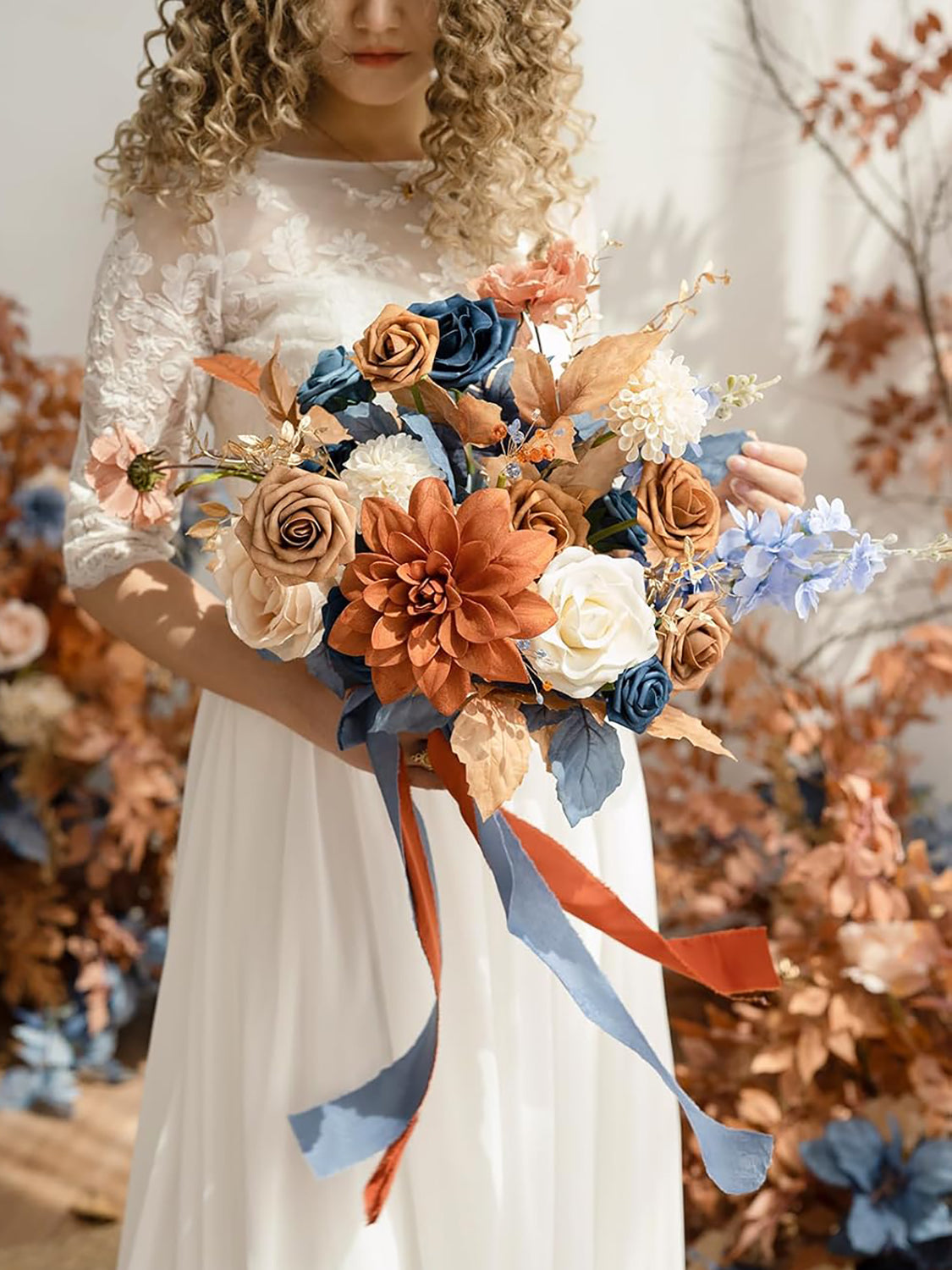 Burnt Orange & Navy Wedding Artificial Flower Bouquets Bride