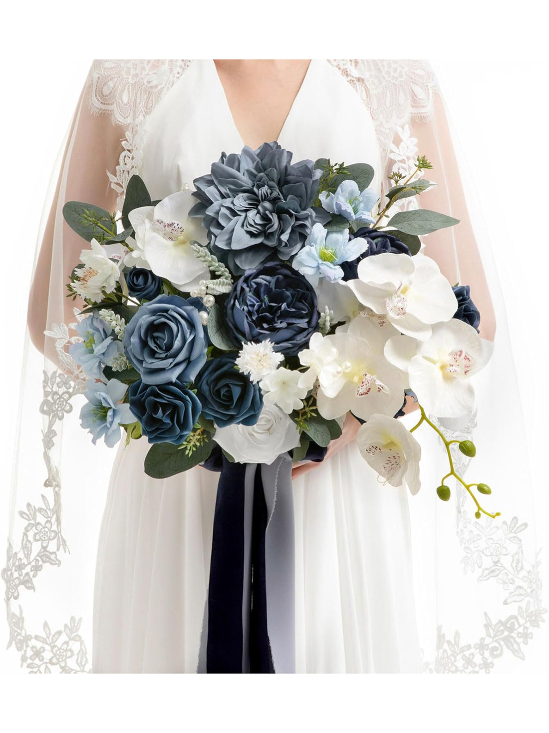 Navy Blue & White Wedding Artificial Flower Bouquets Bride 13 Inch