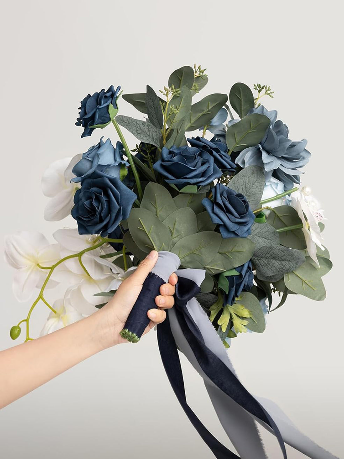 Navy Blue & White Wedding Artificial Flower Bouquets Bride 13 Inch