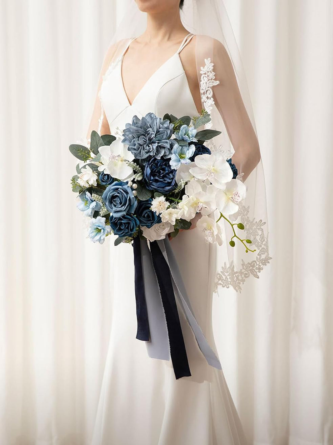 Navy Blue & White Wedding Artificial Flower Bouquets Bride 13 Inch