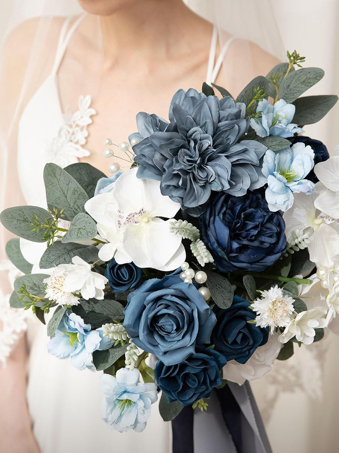 Navy Blue & White Wedding Artificial Flower Bouquets Bride 13 Inch