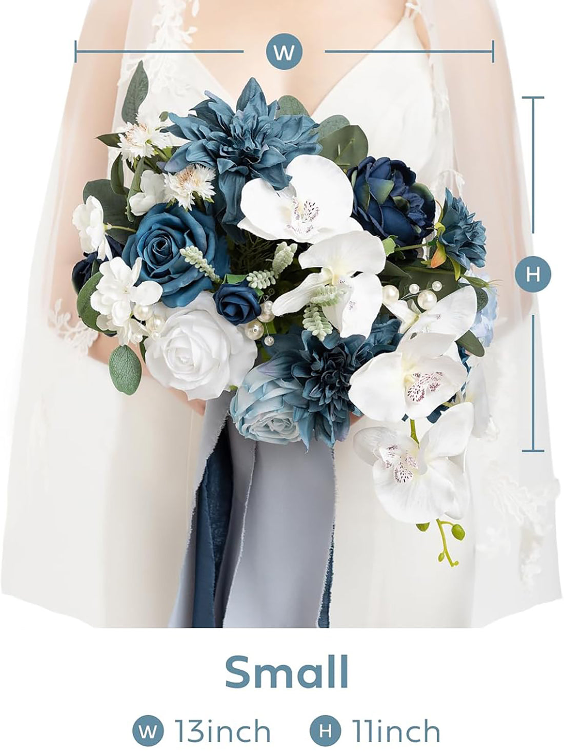 Navy Blue & White Wedding Artificial Flower Bouquets Bride 13 Inch