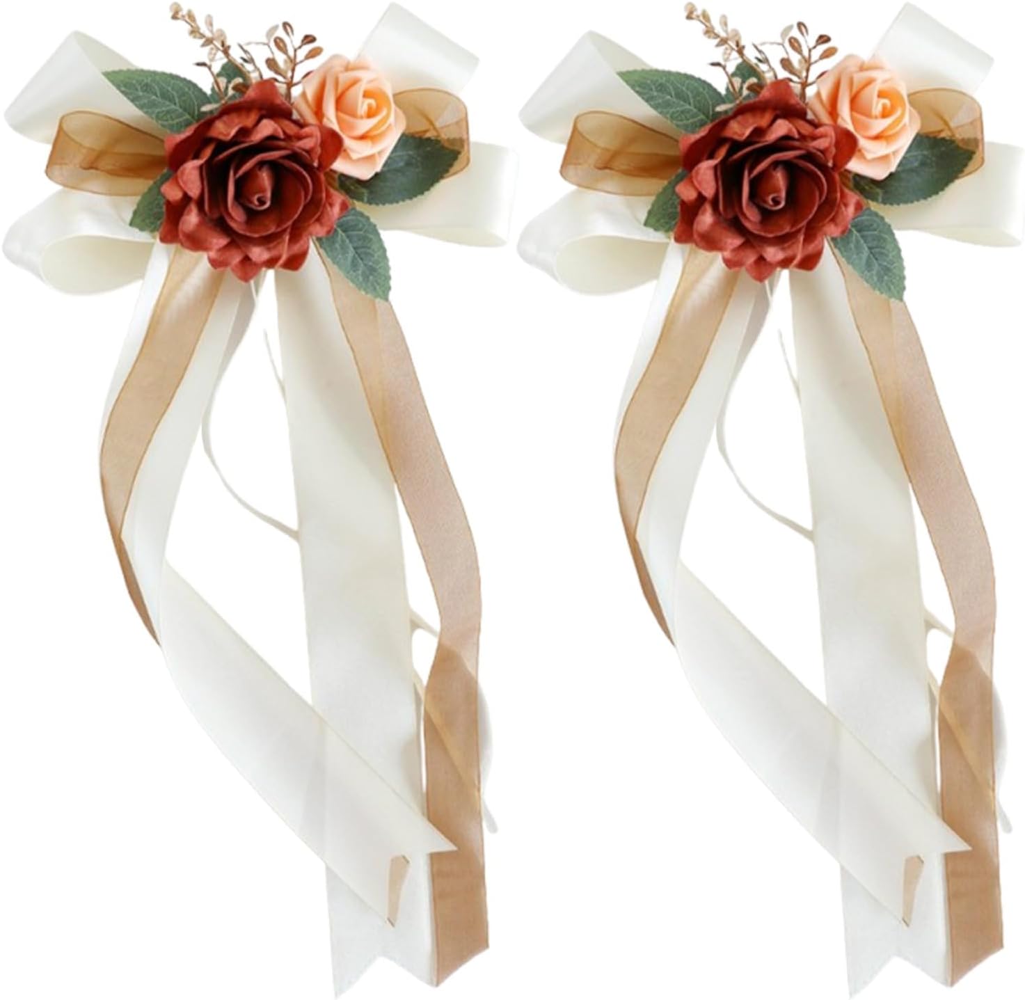 Champagne Wedding Car Mirror Decorative Flowers 14 Inch 2 Pack