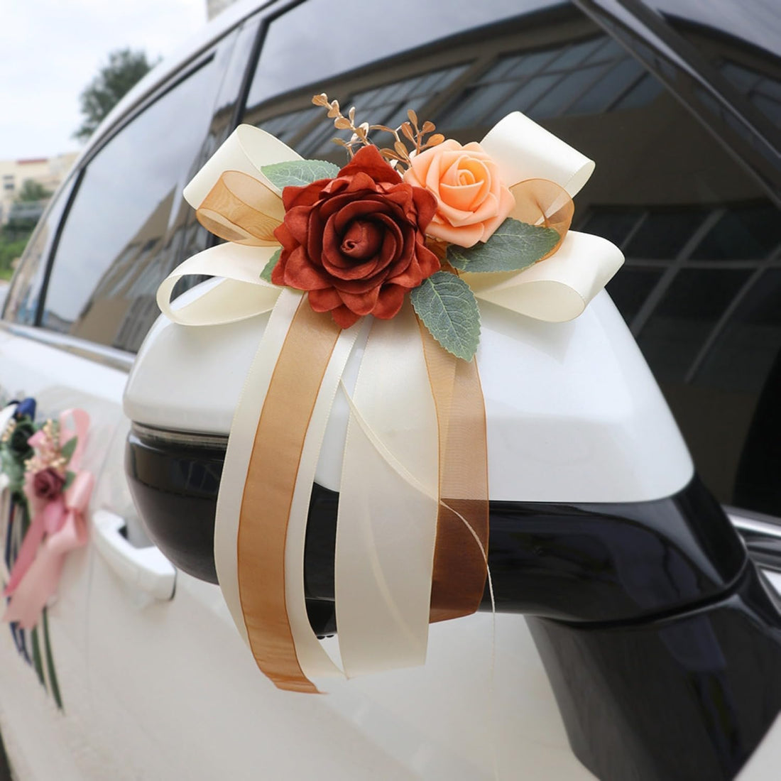 Champagne Wedding Car Mirror Decorative Flowers 14 Inch 2 Pack