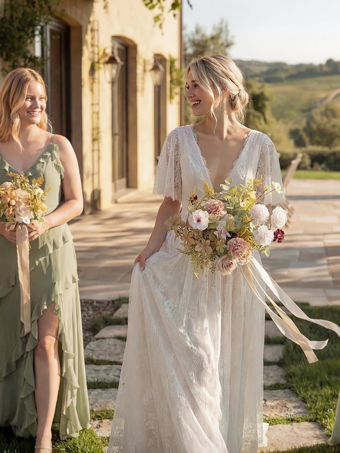 Powder Pink & Sand Beige Wedding Artificial Flower Bouquets Bride