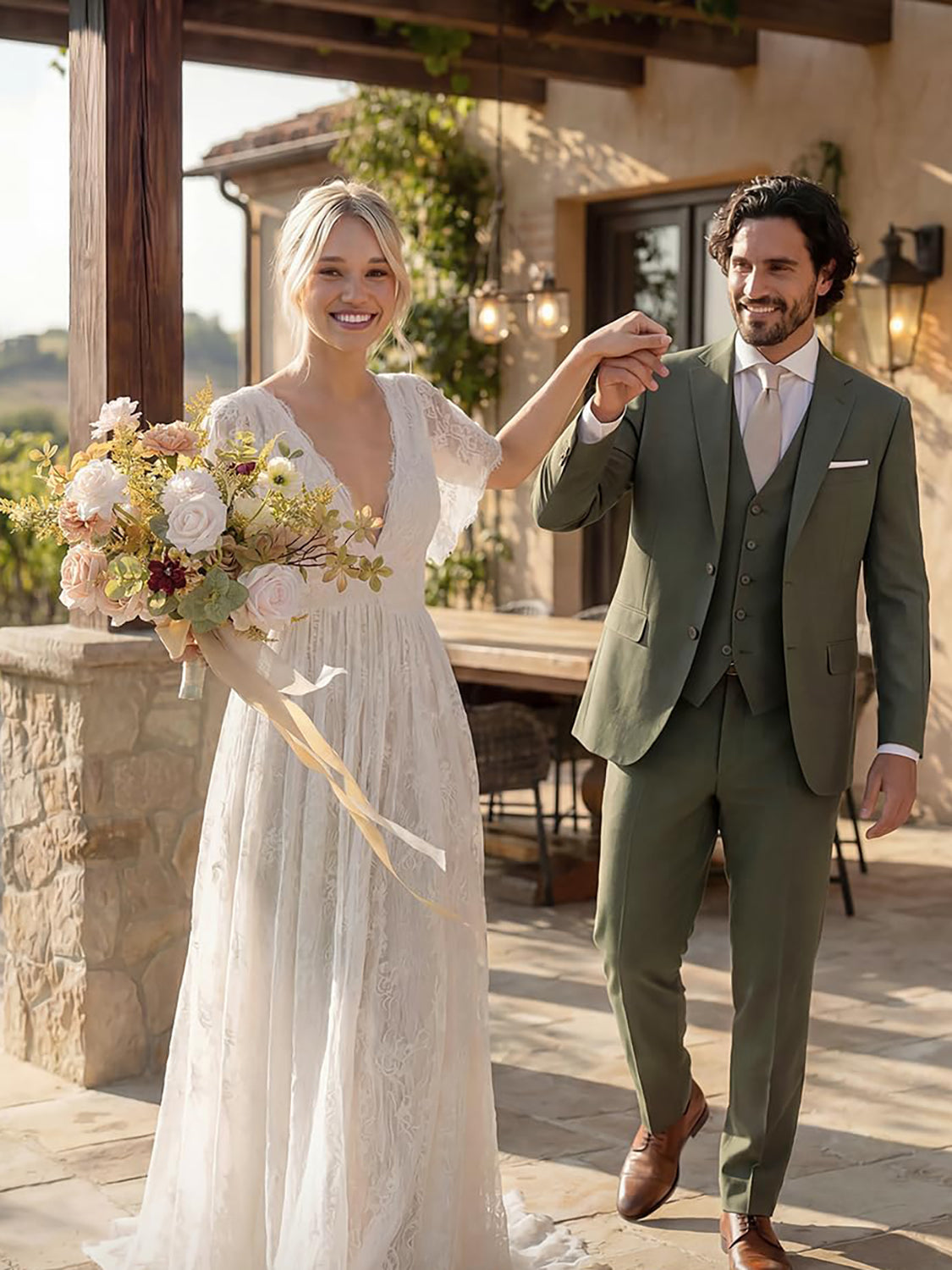 Powder Pink & Sand Beige Wedding Artificial Flower Bouquets Bride