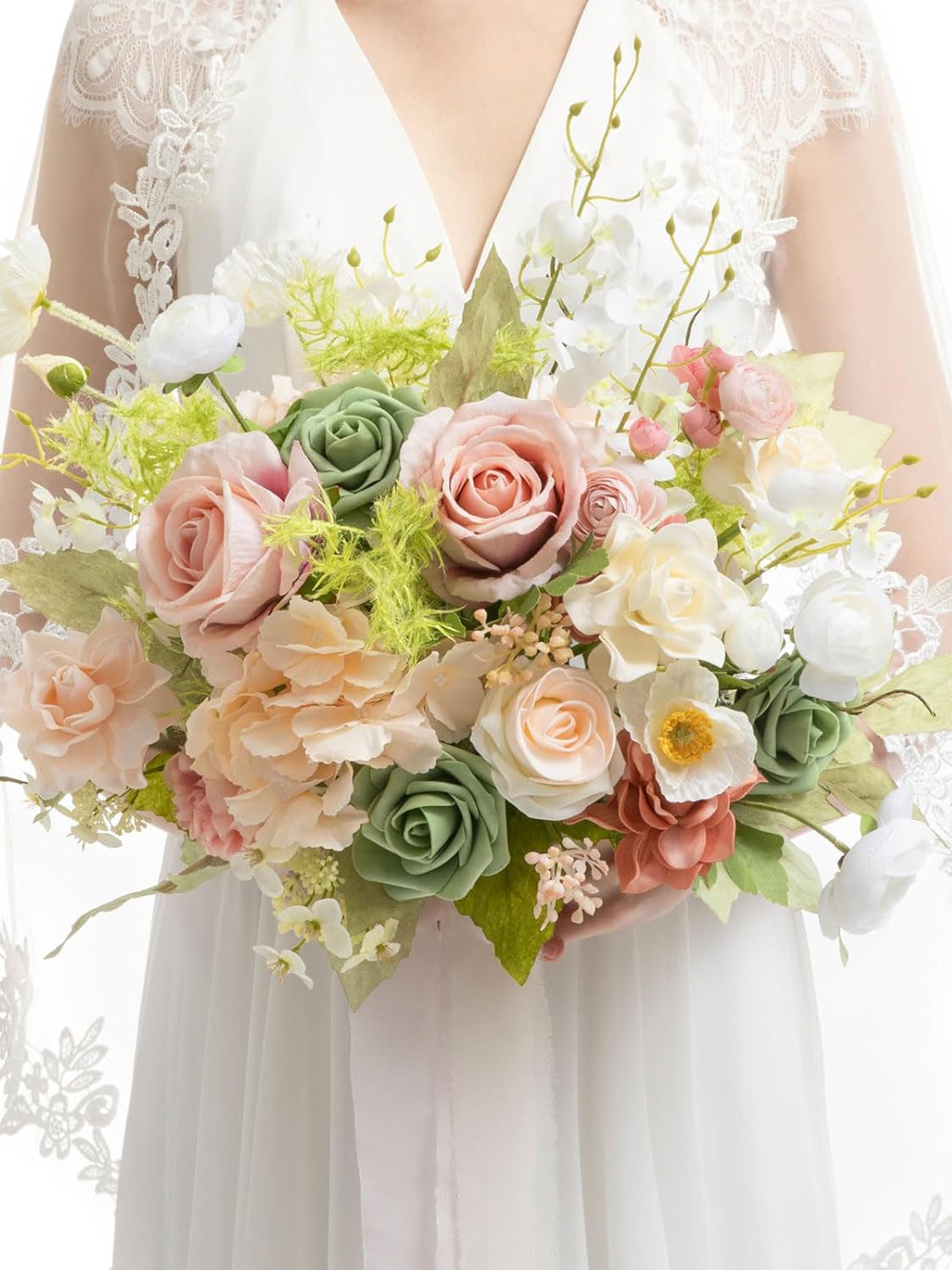 Blush Coral Pink Garden Wedding Artificial Flower Bouquets Bride